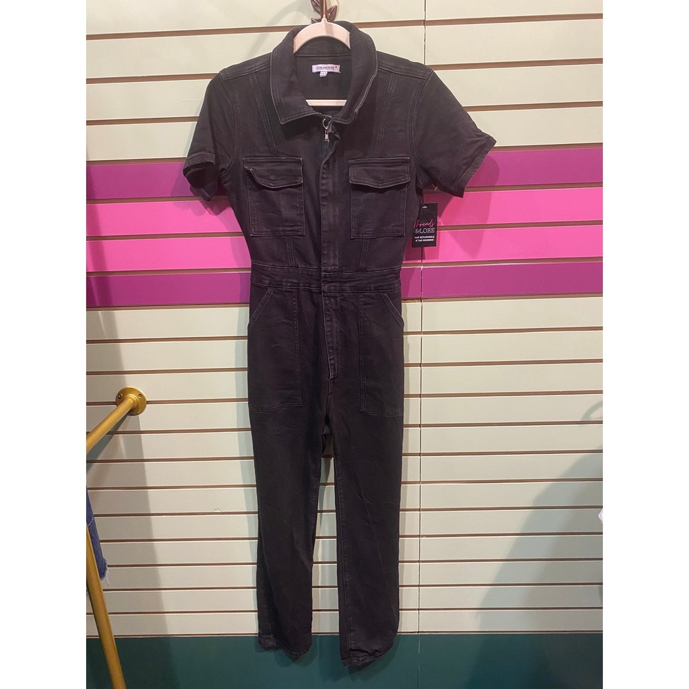 GOOD AMERICAN Black Denim Utility Jumpsuit Short Sleeve Zip Front Women's Size 2
